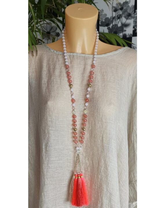 Maya Long Beaded Tired Tassel Necklace - Coral