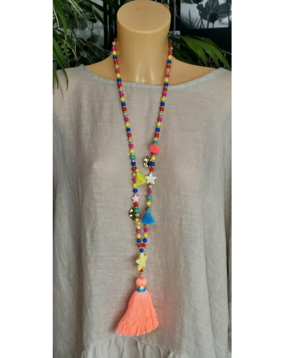 Maddie Coral Long Wooden Bead Tassel Necklace