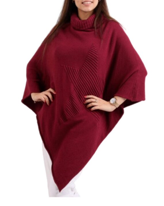 Tina Knitted Star Cowl Neck Poncho - Burgundy