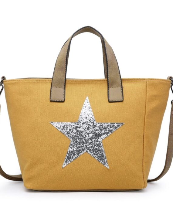 Brenda Canvas Glitter Star Small Tote Bag - Yellow