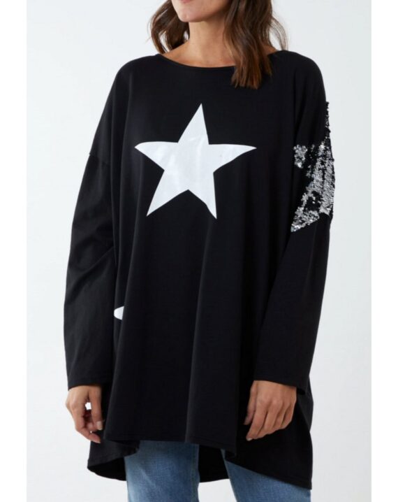 Bethany Oversized Sequin Star Top - Black