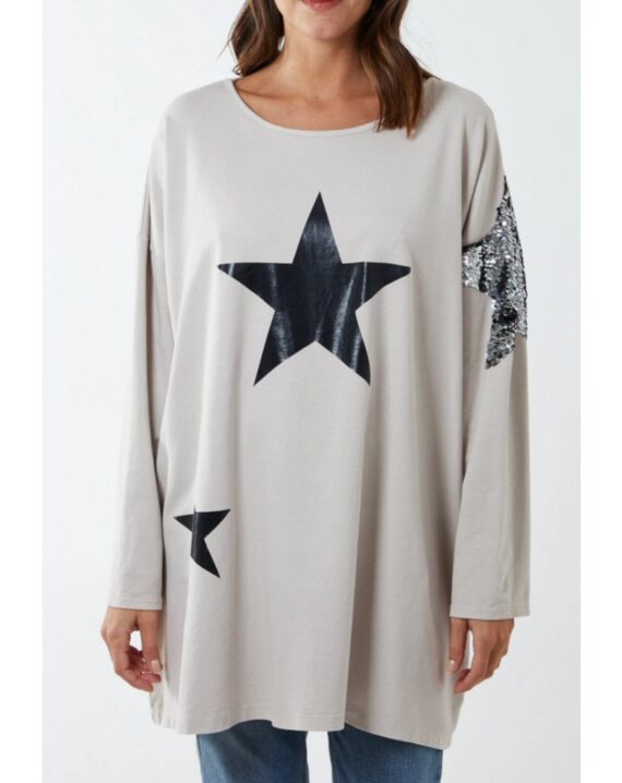 Bethany Oversized Sequin Star Top - Stone