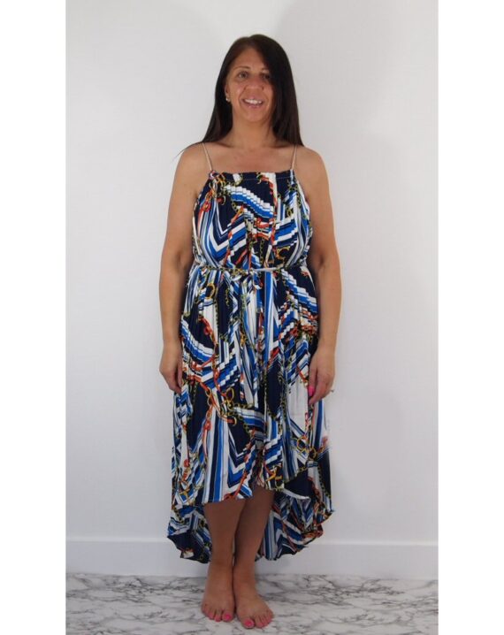 May Chain Print Pleated Dress - Blue