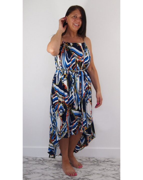 May Chain Print Pleated Dress - Blue