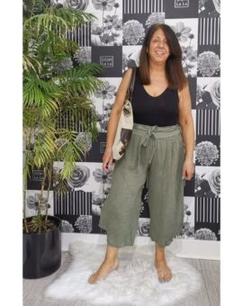 Martine Crop Linen Trousers - Khaki