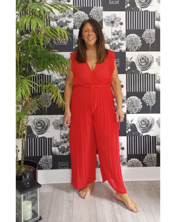 Mia Pleated Frill Jumpsuit - Red