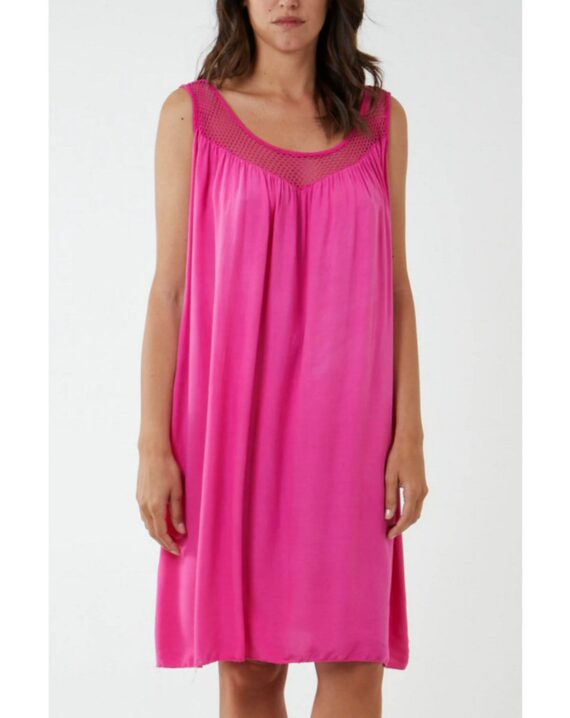 Fiona Mesh Yoke Sleeveless Dress - Hot Pink
