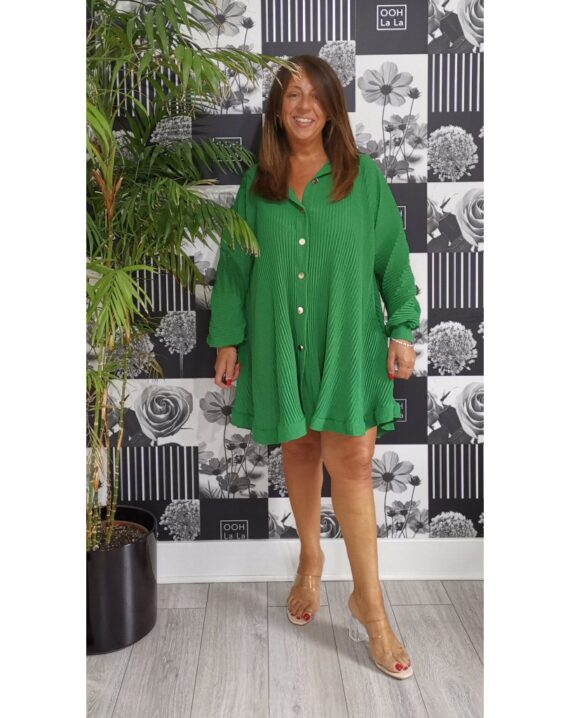 Abbey Long Sleeve Pleated Shirt Dress - Green