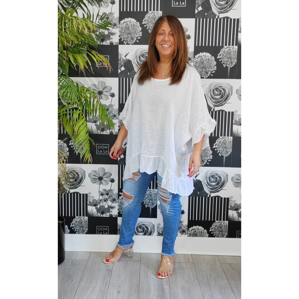 Kerstin Oversized Frill Linen Top - White - Forbidden Fashion