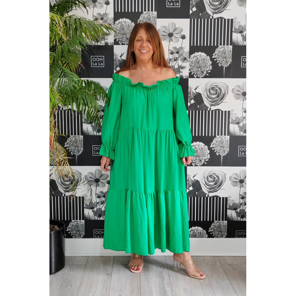 Lynda Frill Off The Shoulder Dress - Green - Forbidden Fashion