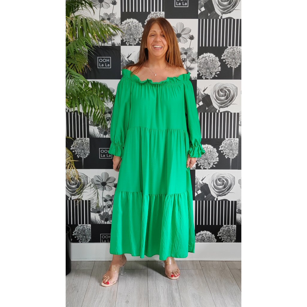 Lynda Frill Off The Shoulder Dress - Green - Forbidden Fashion