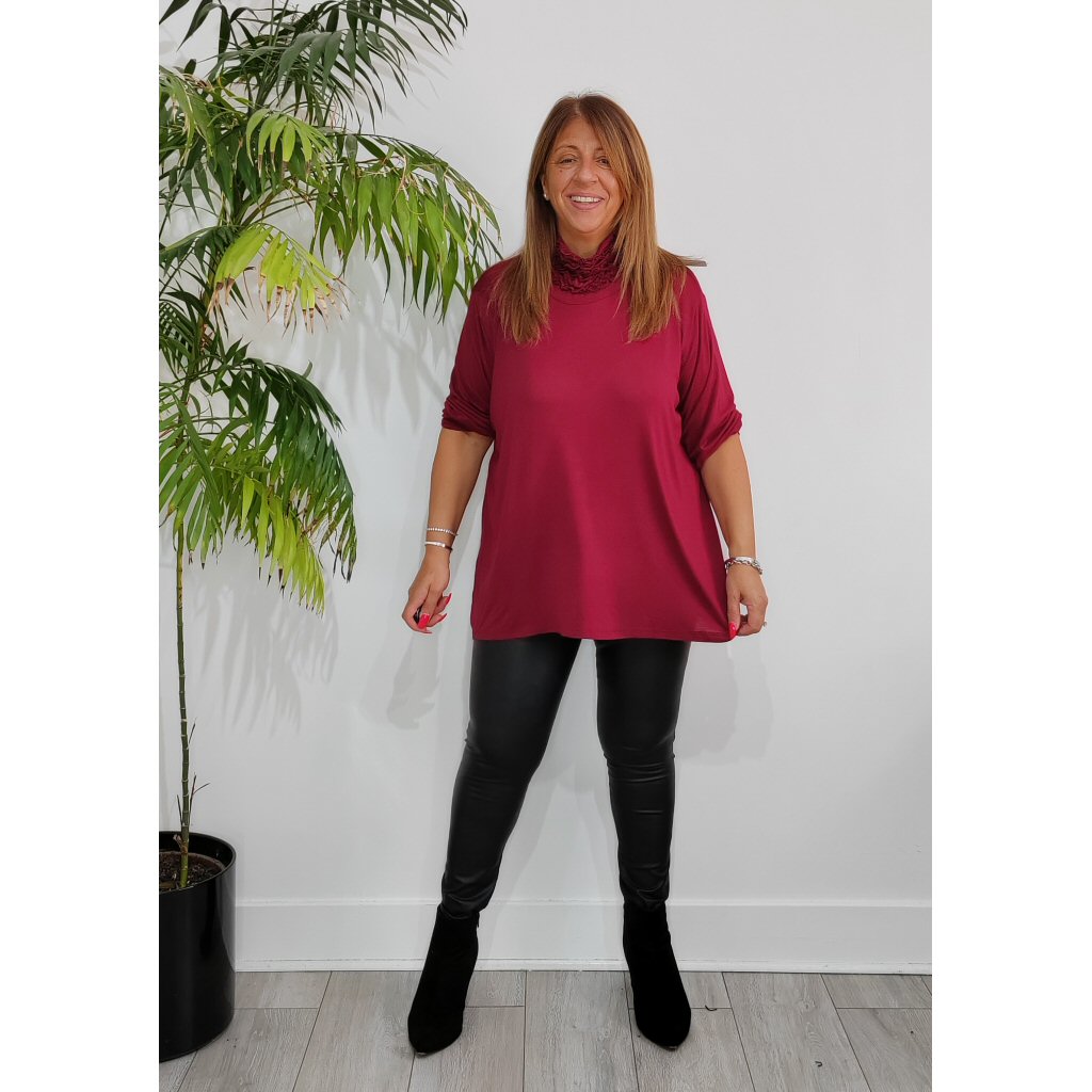 Autumn Ruched Polo Neck Top - Wine