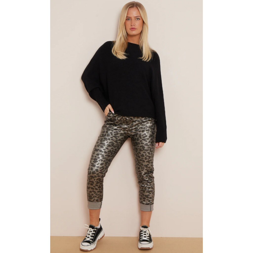 Louiza Metallic Leopard Print PU Trousers - Silver