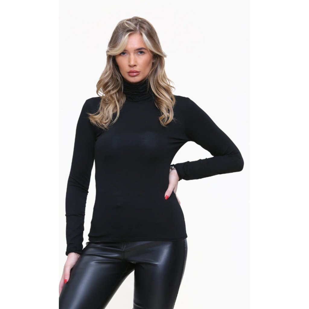 Autumn Ruched Polo Neck Top - Black Regular Size