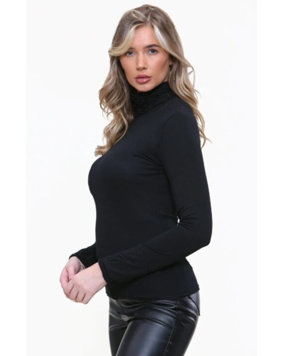 Autumn Ruched Polo Neck Top - Black Regular Size