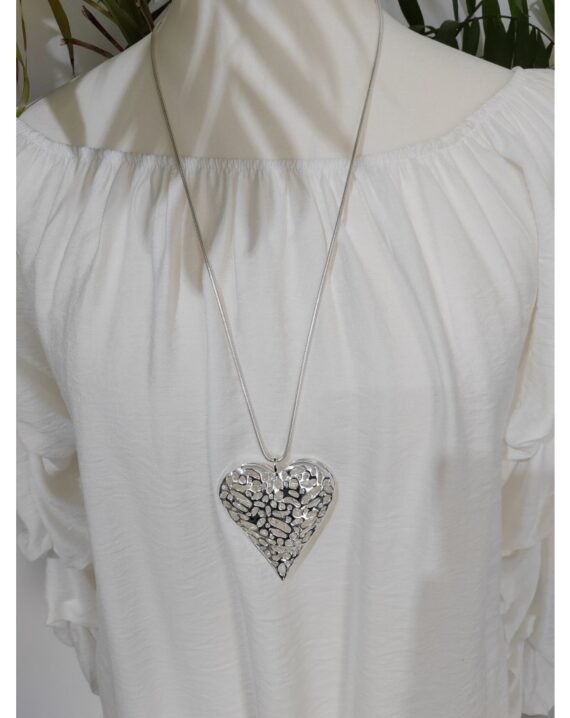 Hollow Filigree Heart Long Necklace - Silver