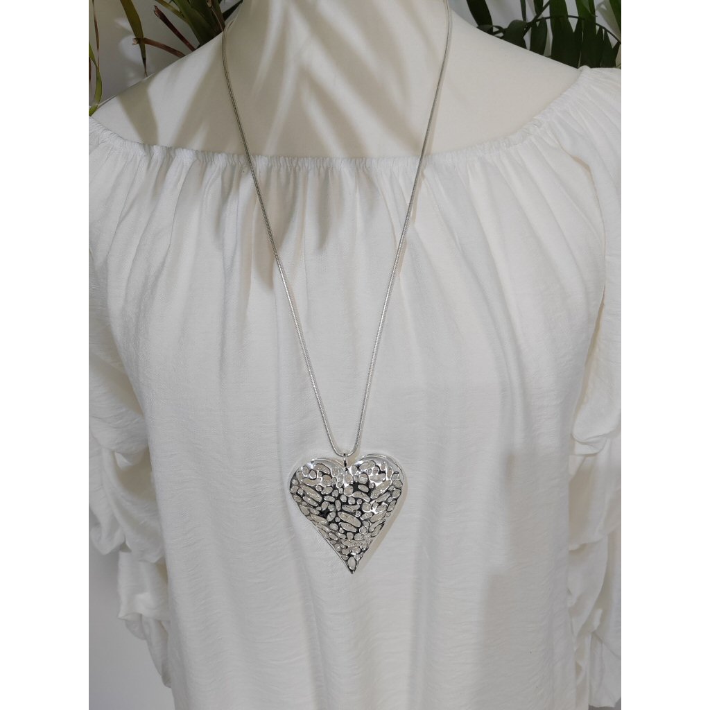 Hollow Filigree Heart Long Necklace - Silver