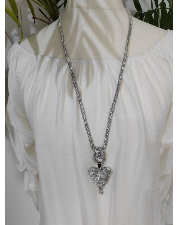 Encrusted Heart Long Necklace - Silver