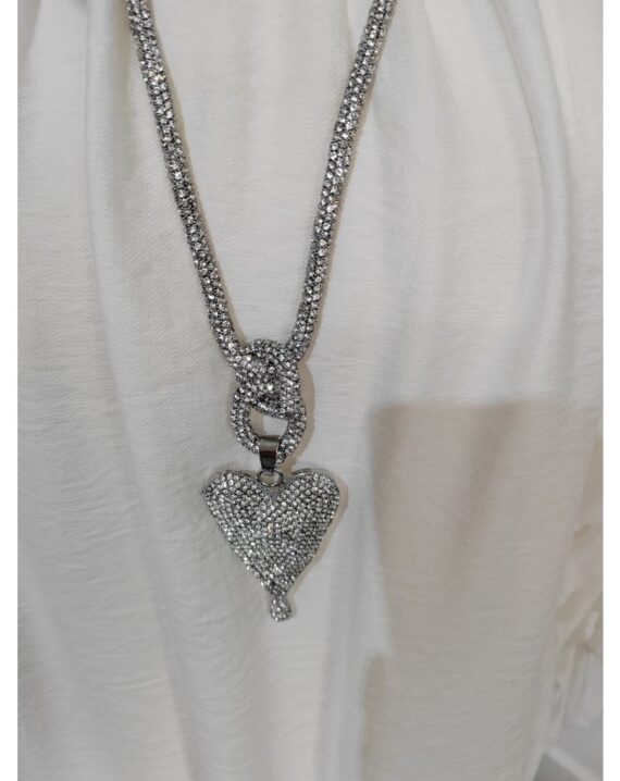 Encrusted Heart Long Necklace - Silver