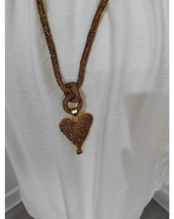 Encrusted Heart Long Necklace - Gold