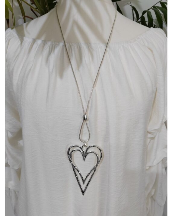 Distressed Double Heart Long Necklace - Silver