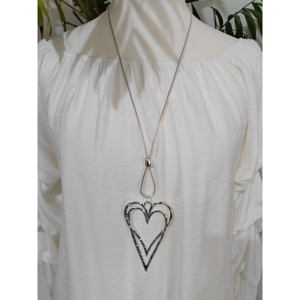 Distressed Double Heart Long Necklace - Silver