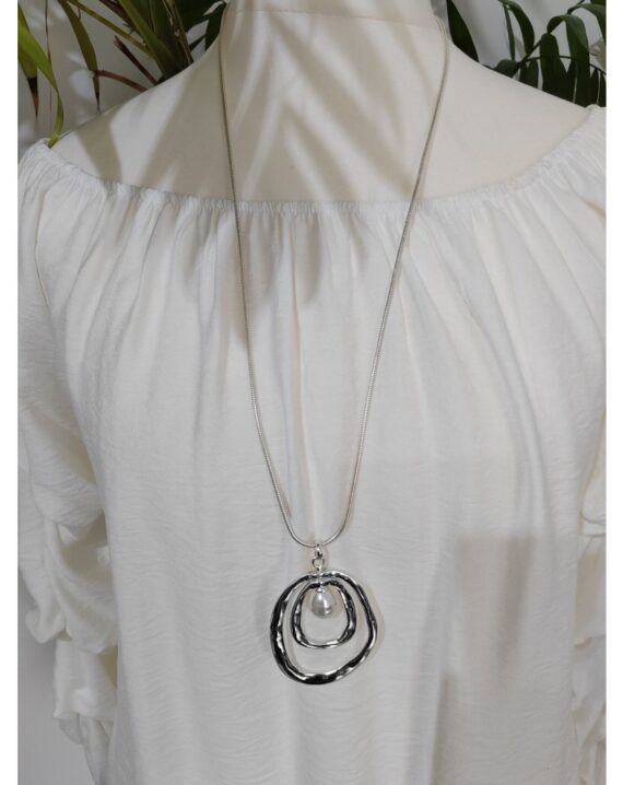 Distressed Circle & Pearl Long Necklace - Silver