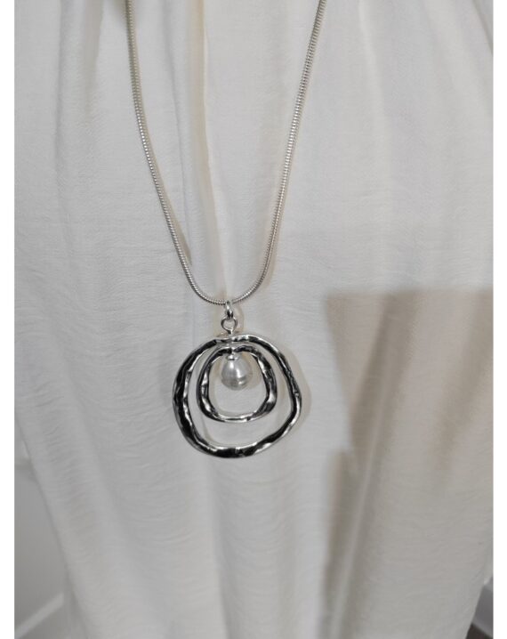 Distressed Circle & Pearl Long Necklace - Silver