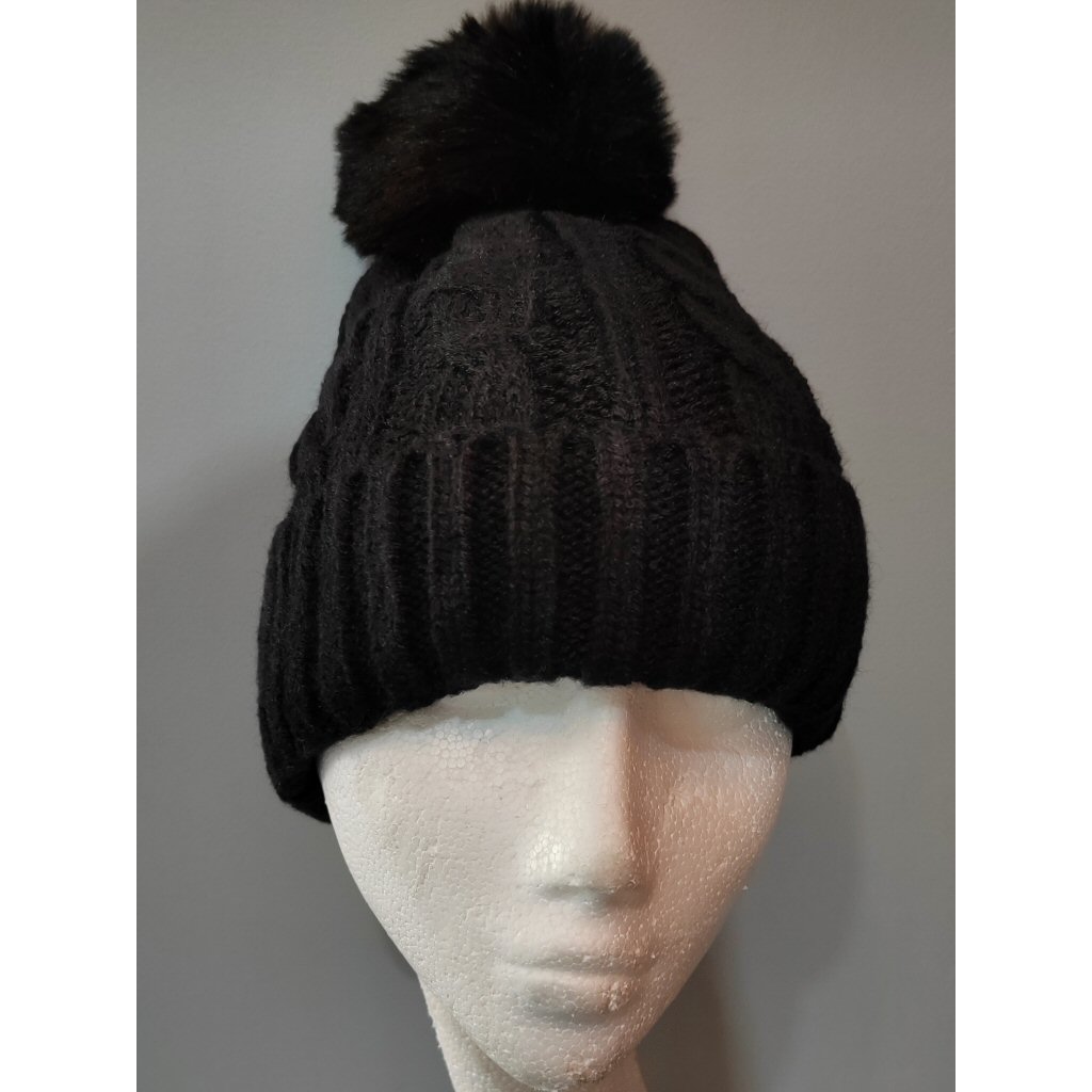 Fleece Lined Cable Knit Pom Pom Hat - Black