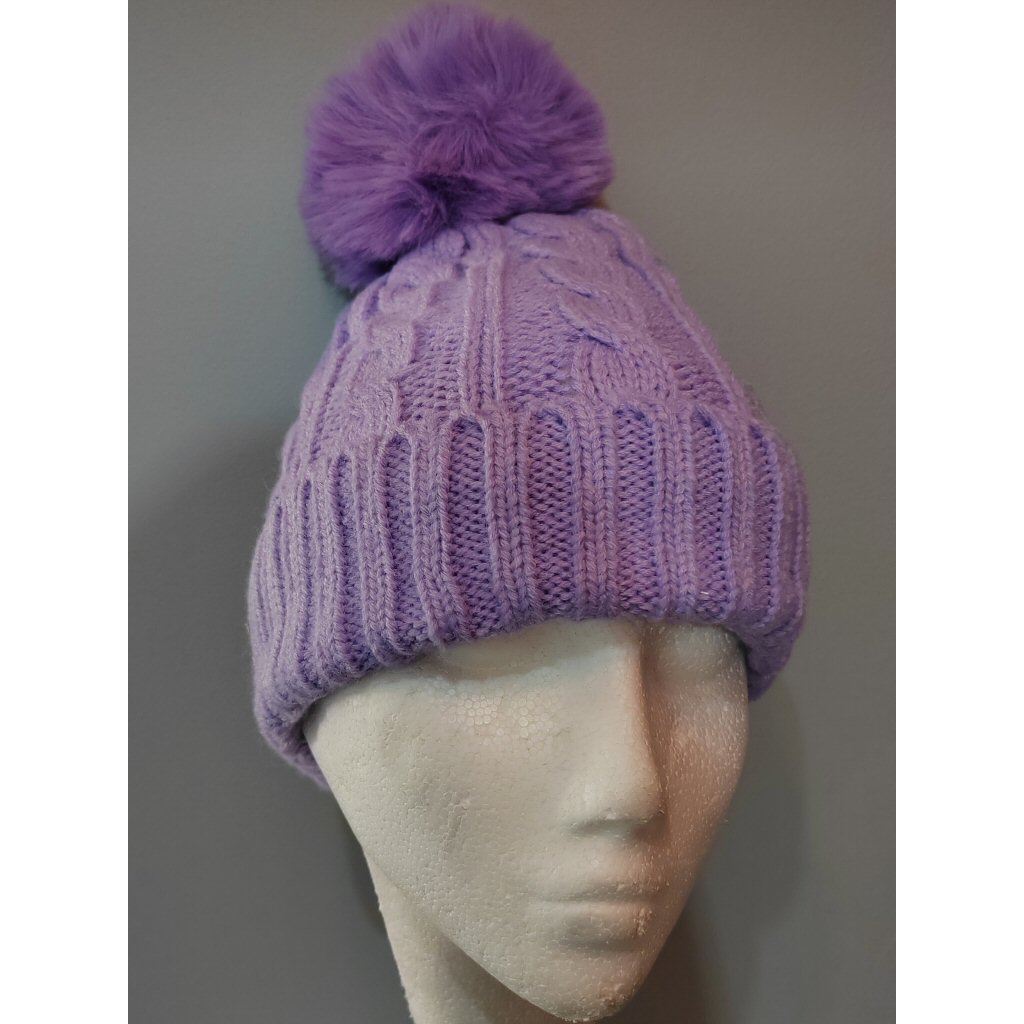 Fleece Lined Cable Knit Pom Pom Hat - Lilac