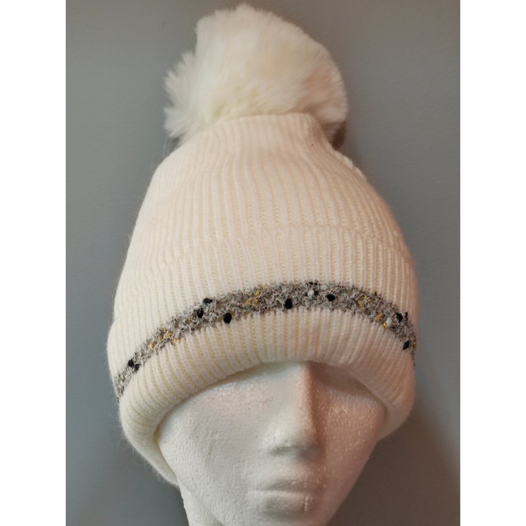 Knitted Lurex Detail Pom Pom Hat - Winter White
