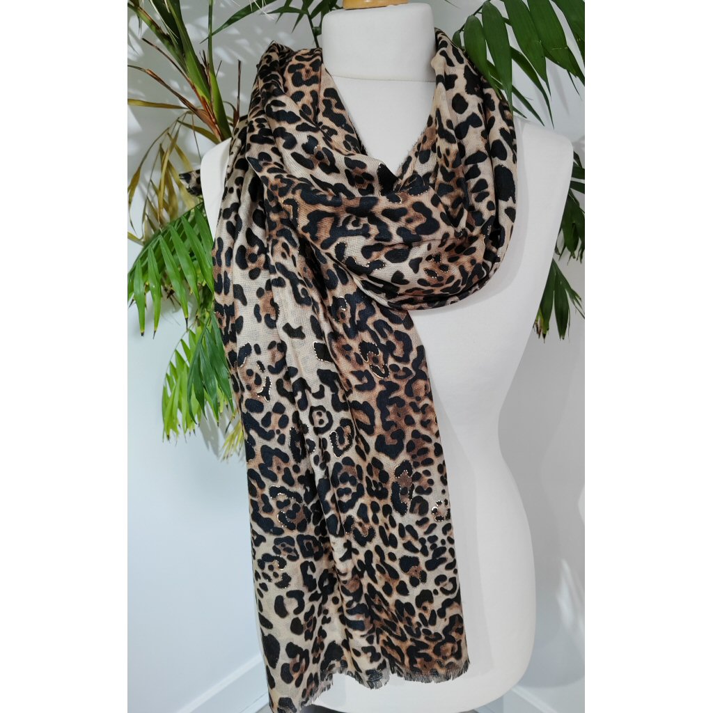 Leopard Print Soft Knit Scarf - Beige