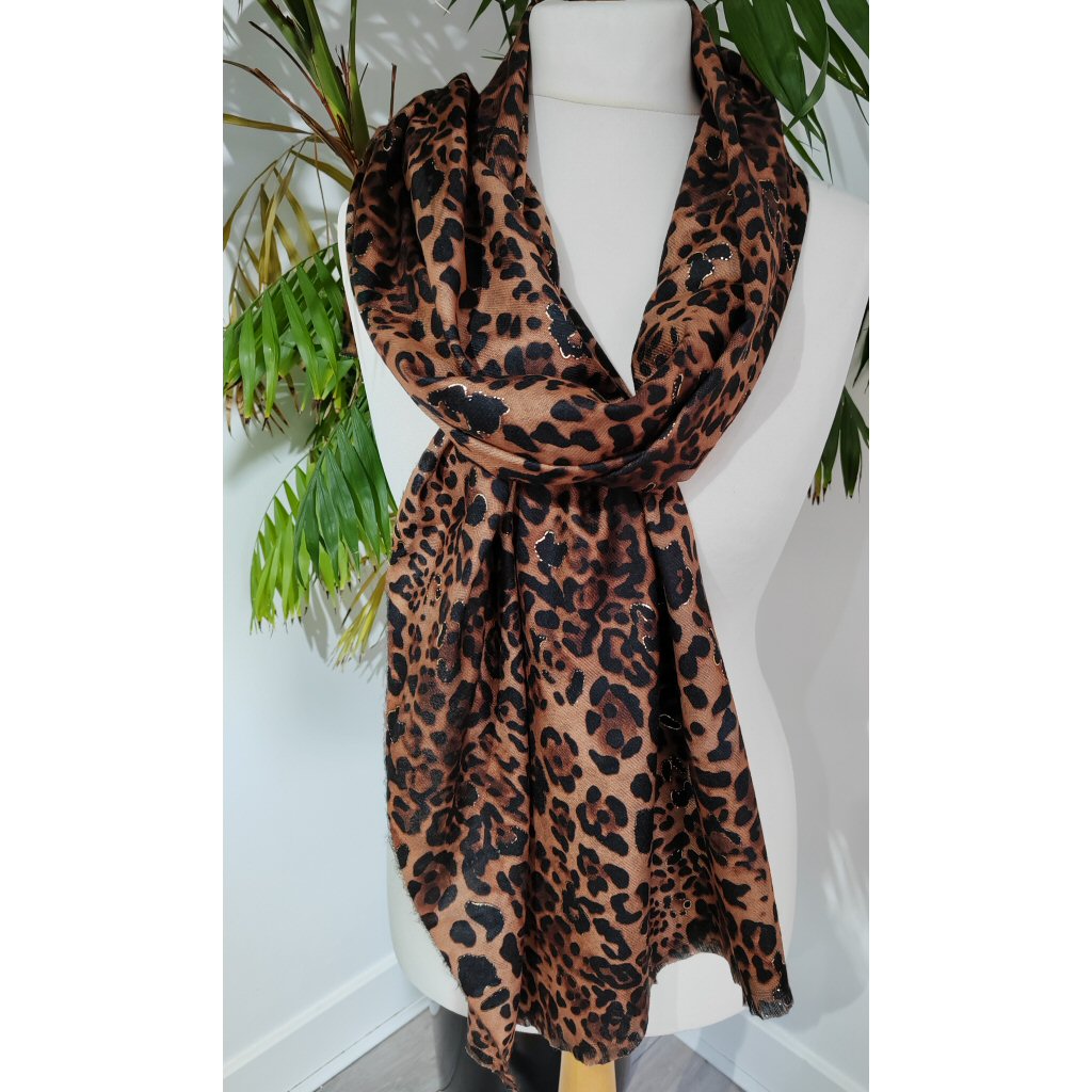 Leopard Print Soft Knit Scarf - Brown