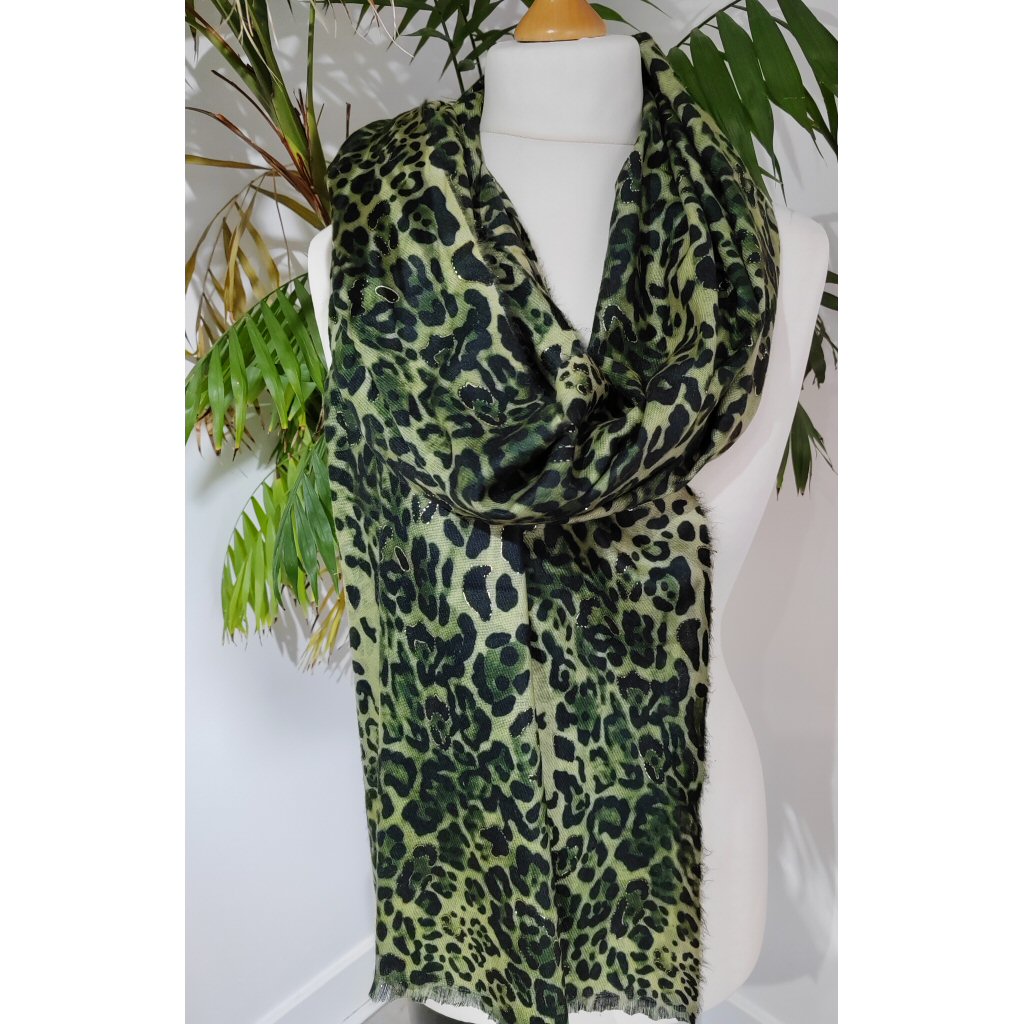 Leopard Print Soft Knit Scarf - Green