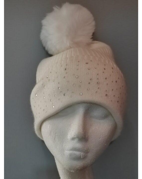 Knitted Sparkle Pom Pom Hat - Winter White
