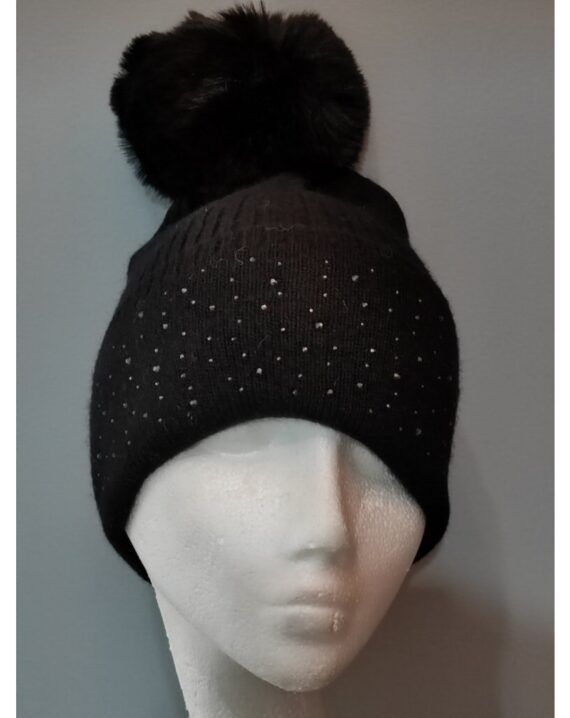 Knitted Sparkle Pom Pom Hat - Black