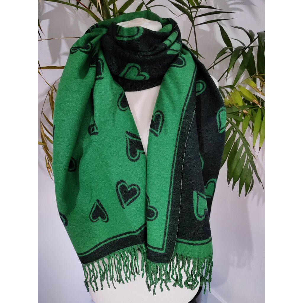 Soft Knit Reversable Heart Scarf - Green/Black
