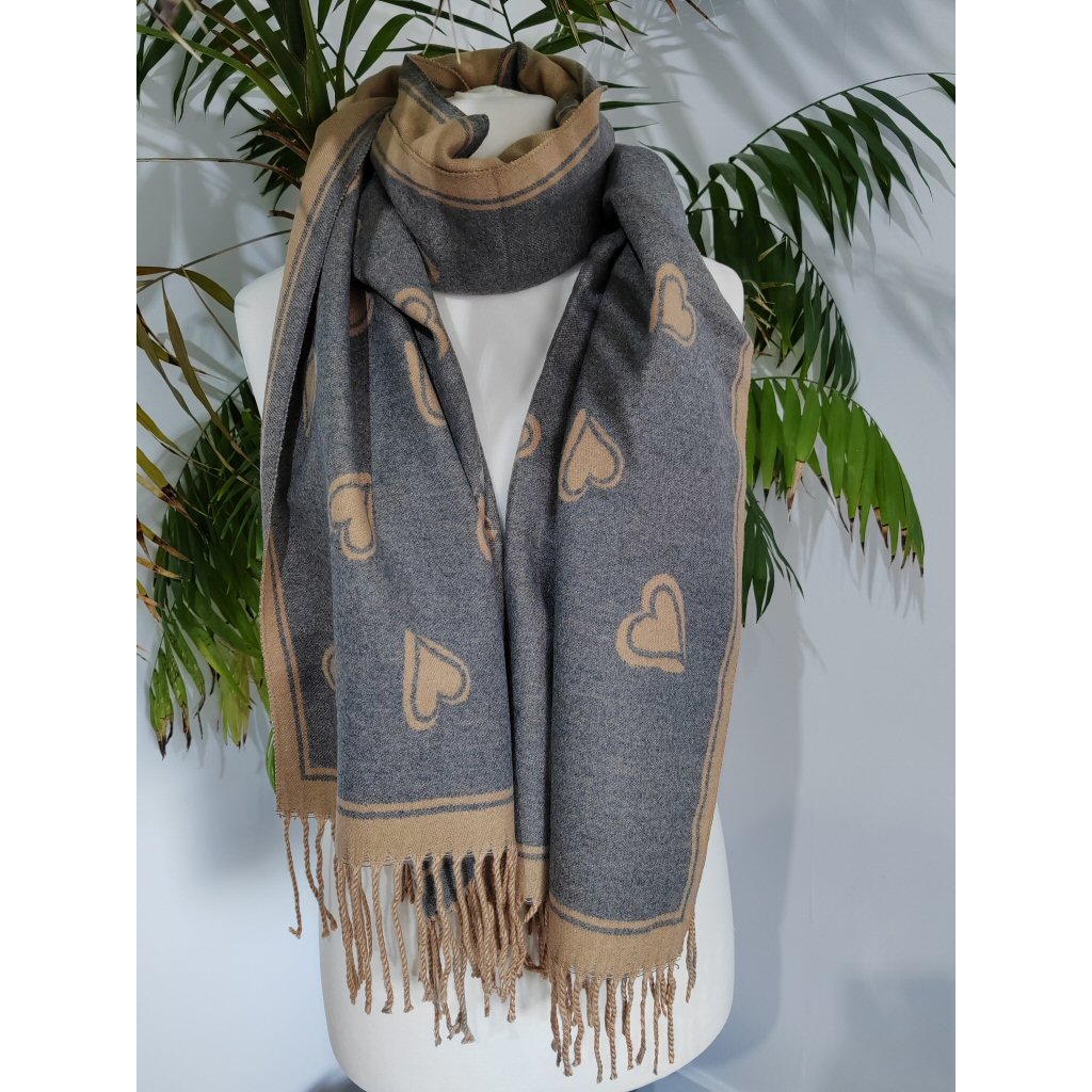 Soft Knit Reversable Heart Scarf - Camel/Grey