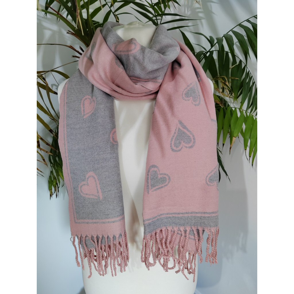 Soft Knit Reversable Heart Scarf - Pink/Grey