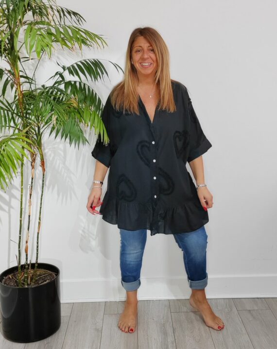 Cathy Embossed Heart Tunic Top - Black