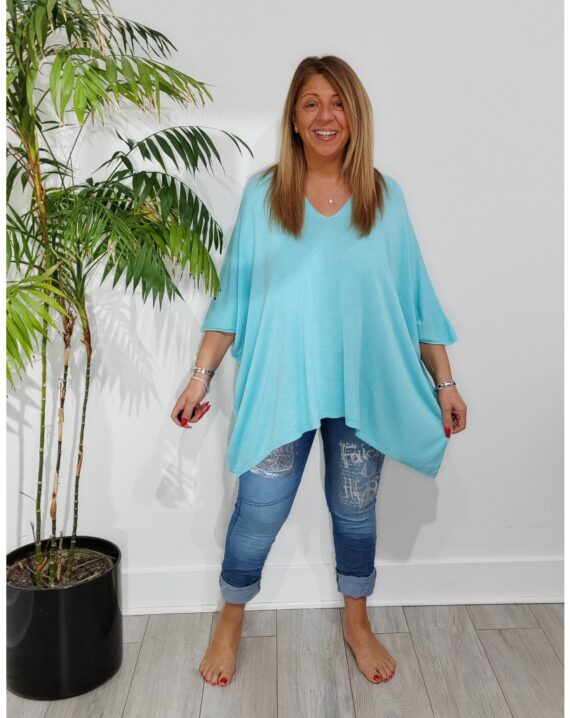 Janice Oversized Dipped Hem Jumper - Turquoise