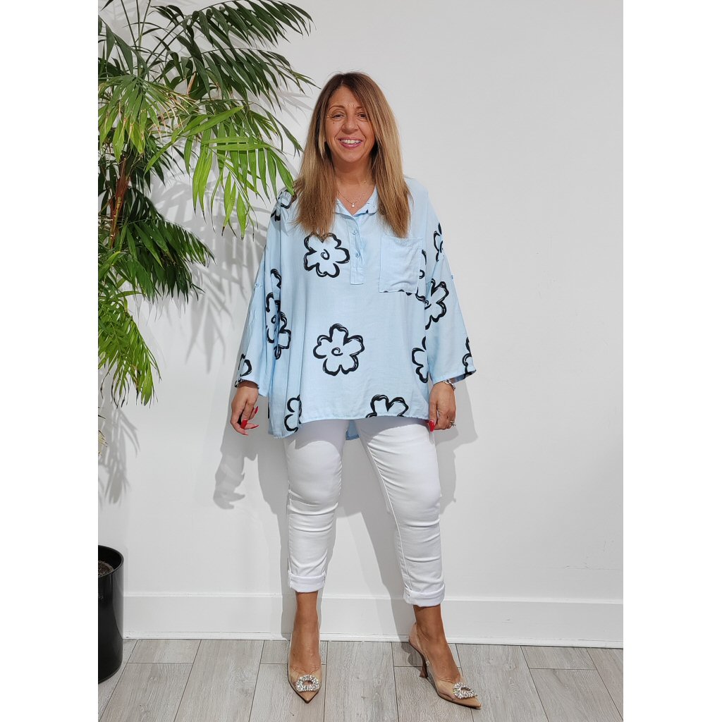 Shirley Flower Blouse - Baby Blue