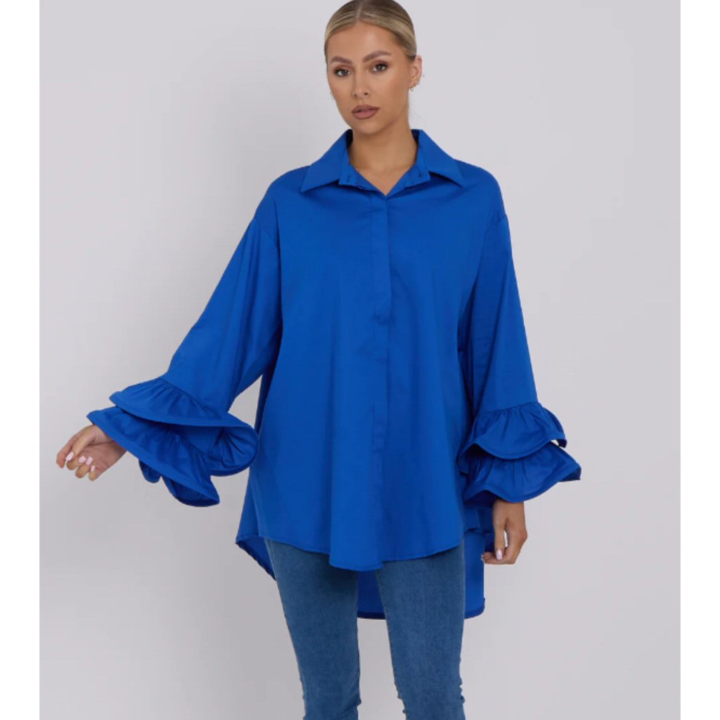 Stacey Oversized Frill Sleeve Shirt - Royal Blue
