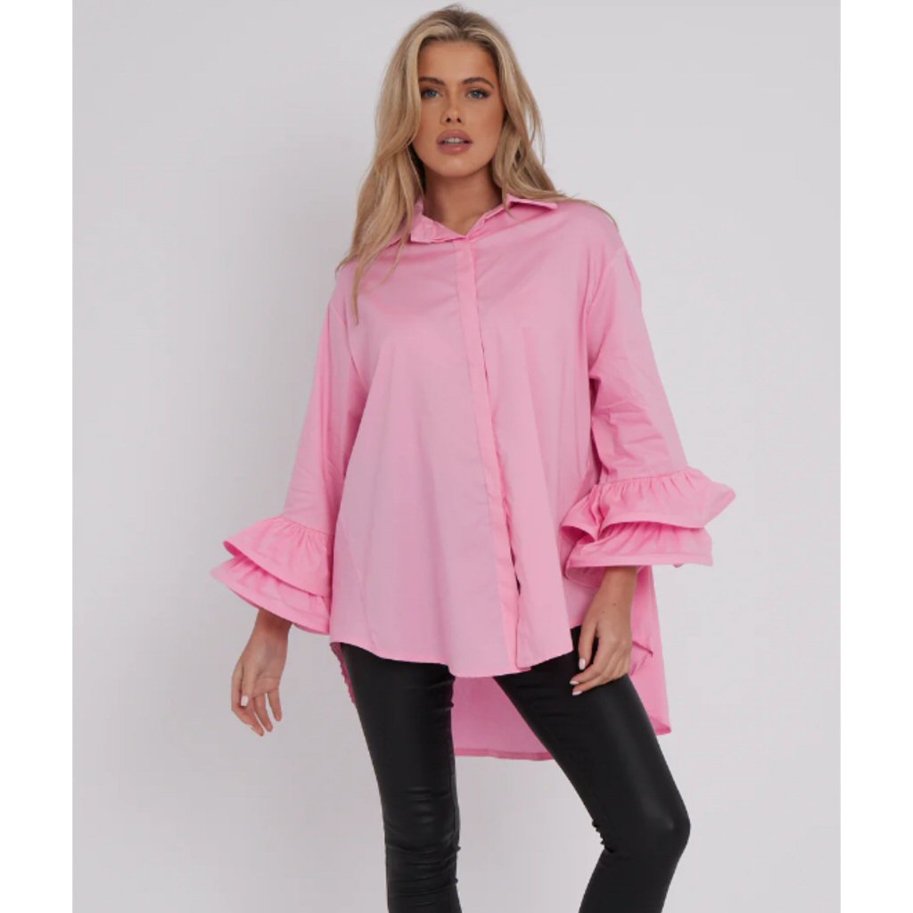Stacey Oversized Frill Sleeve Shirt - Pink