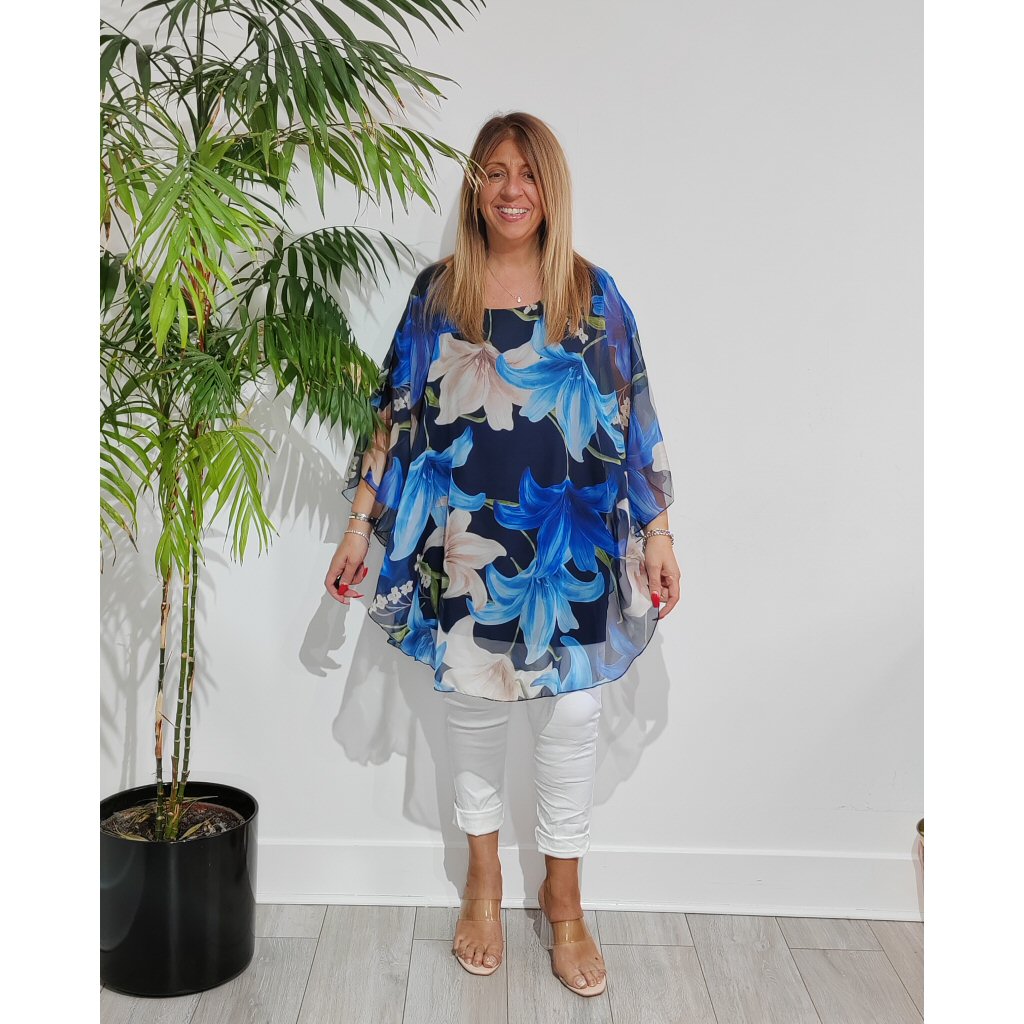 Katie Chiffon Floral Layer Top - Navy