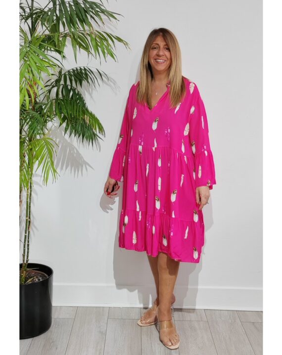 Marilyn Feather Print Smock Dress - Hot Pink