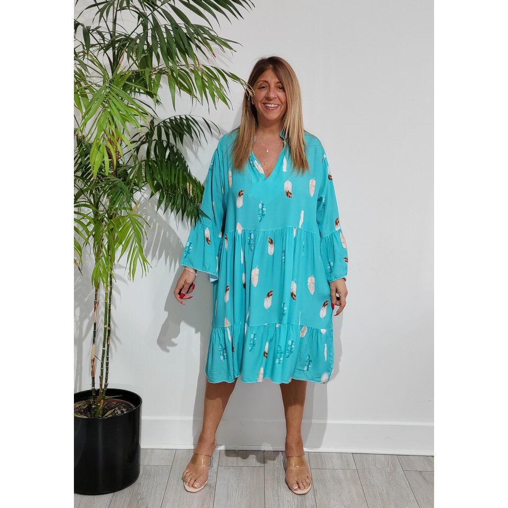 Marilyn Feather Print Smock Dress - Turquoise
