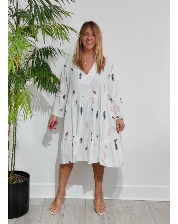Marilyn Feather Print Smock Dress - White