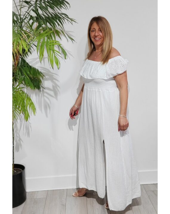 Lucinda Shirred Bardot Dress - White