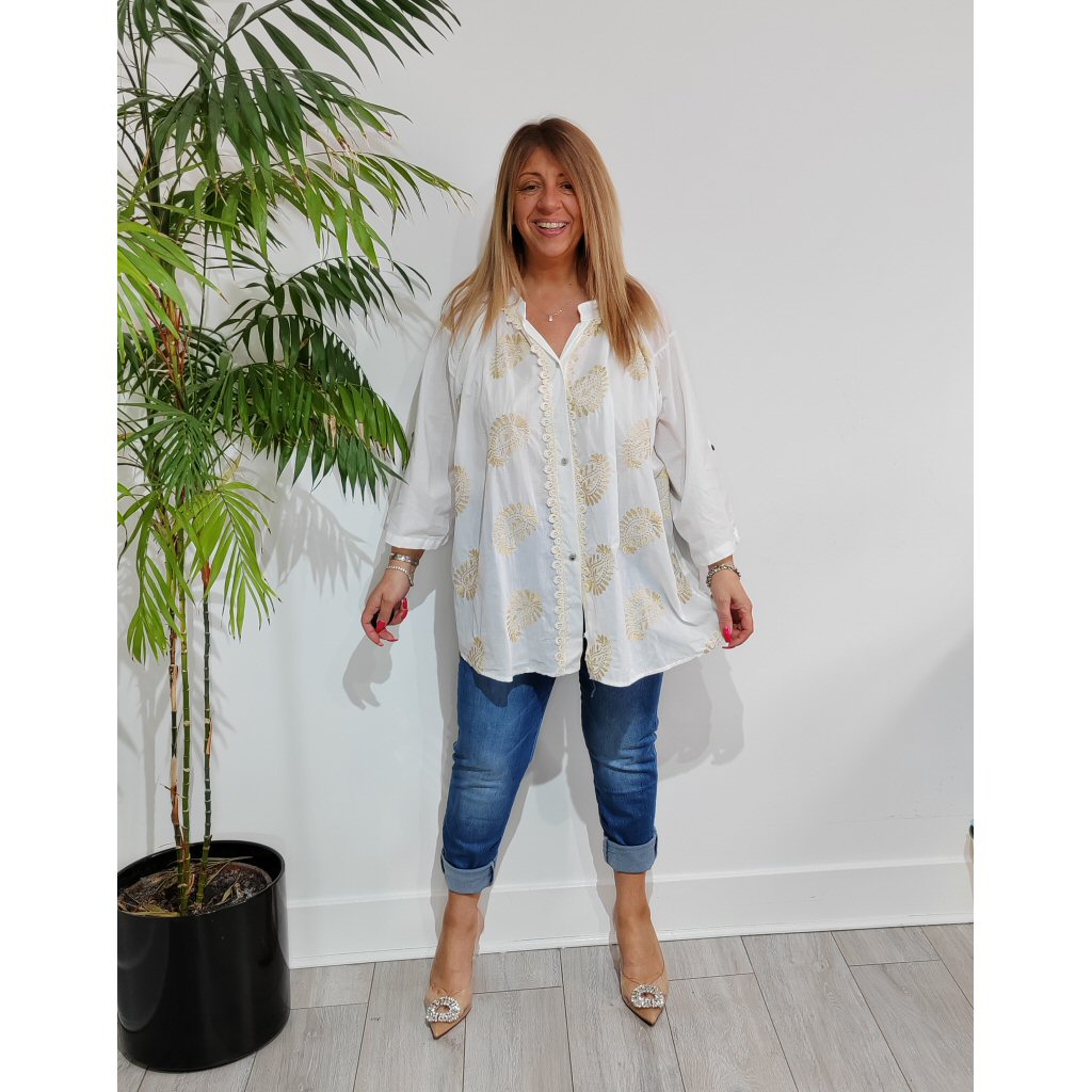 Diane Embroidered Blouse - White/Gold